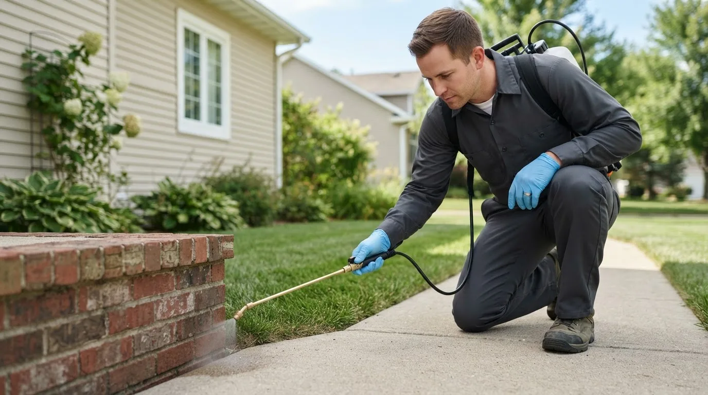 Pest control technician treating a home near Waynesburg, OH