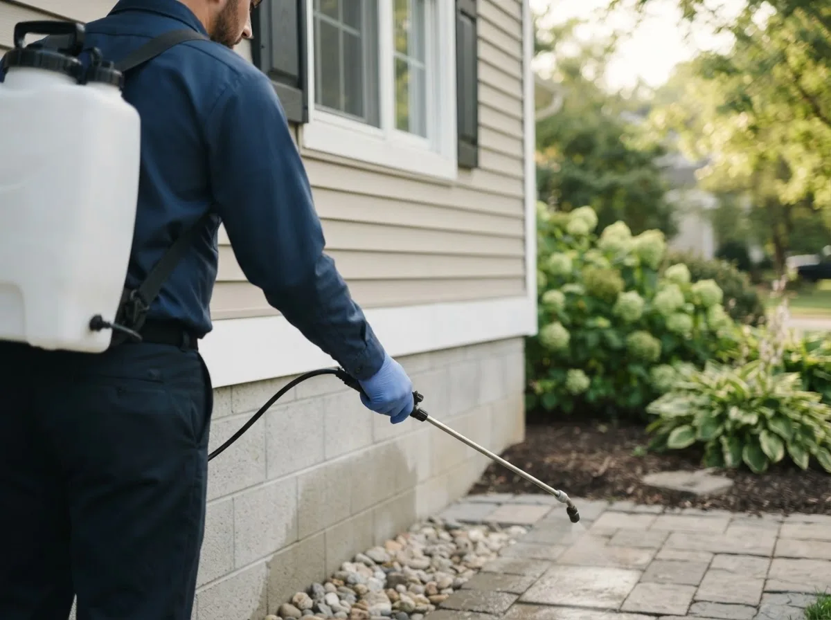 Pest control technician inspecting a home in Waynesburg, OH